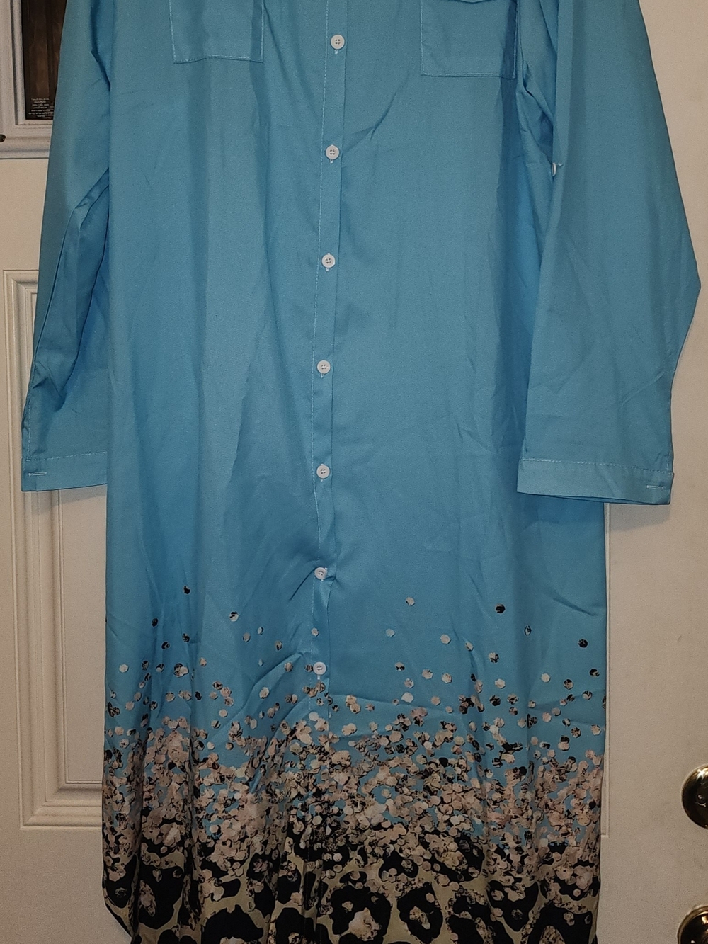 Light Blue Button-Down Dress with Floral Hem